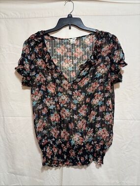 At Last Black Floral V-Neck Smocked Hem Blouse Womens XL